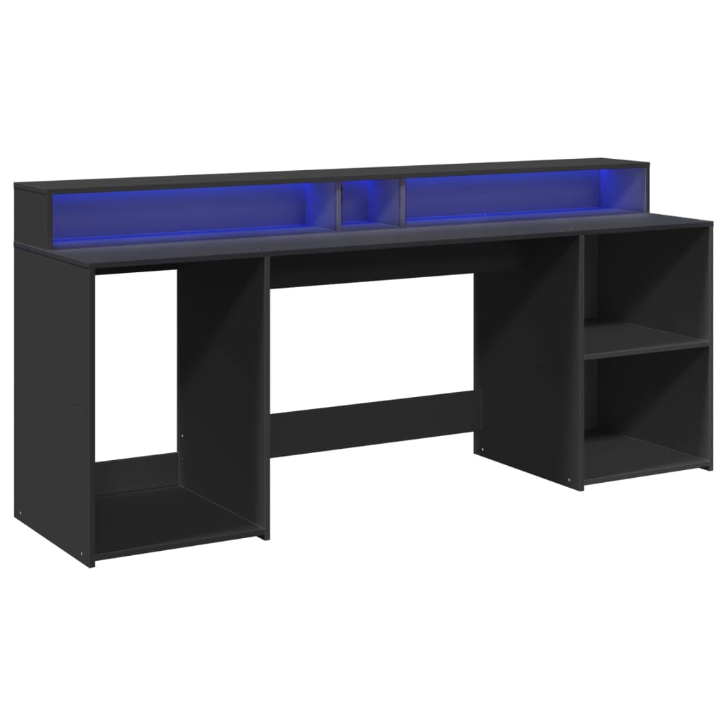 skrivebord med LED-lys 200x55x91 cm konstrueret træ sort