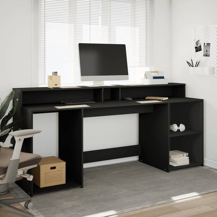 skrivebord med LED-lys 200x55x91 cm konstrueret træ sort