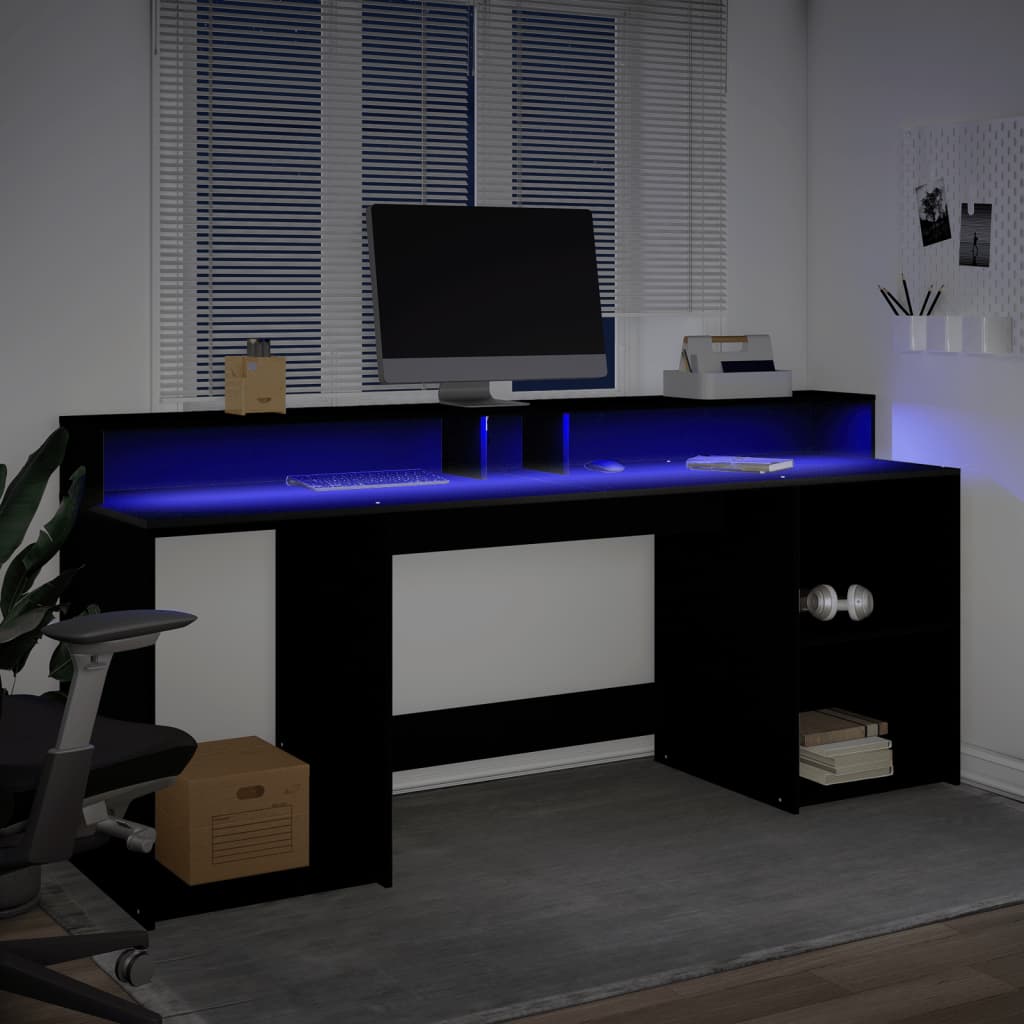 skrivebord med LED-lys 200x55x91 cm konstrueret træ sort