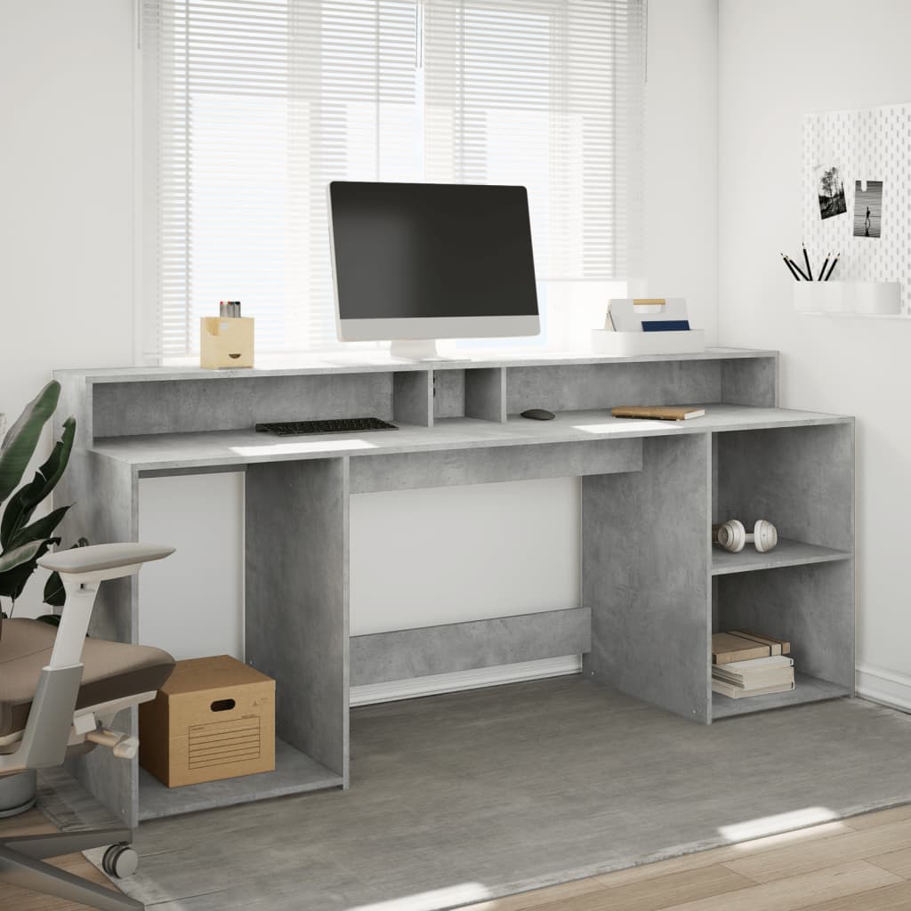 skrivebord med LED-lys 200x55x91 cm konstrueret træ betongrå