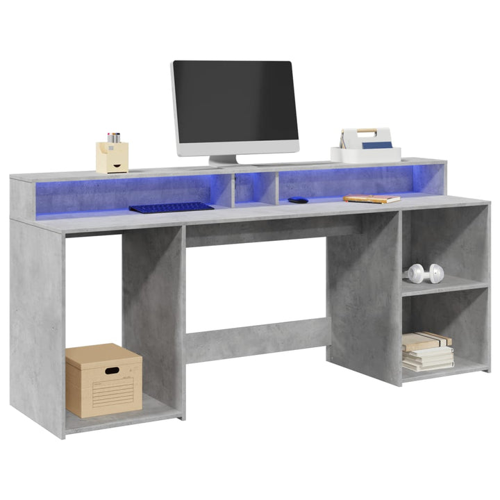 skrivebord med LED-lys 200x55x91 cm konstrueret træ betongrå