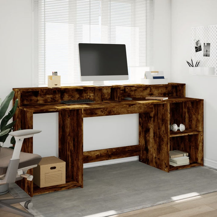 skrivebord med LED-lys 200x55x91 cm konstrueret træ røget eg