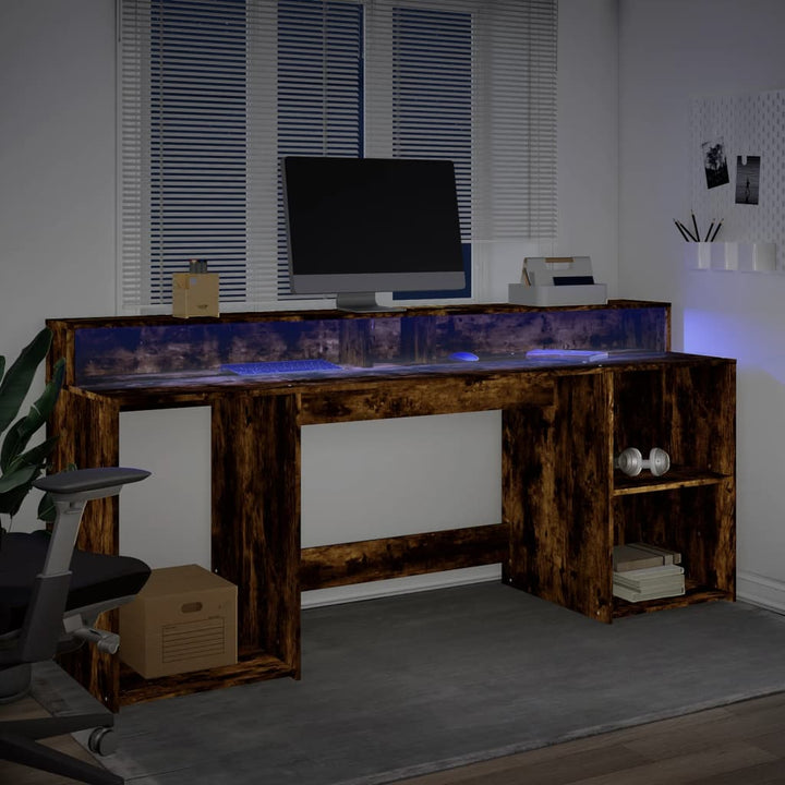 skrivebord med LED-lys 200x55x91 cm konstrueret træ røget eg