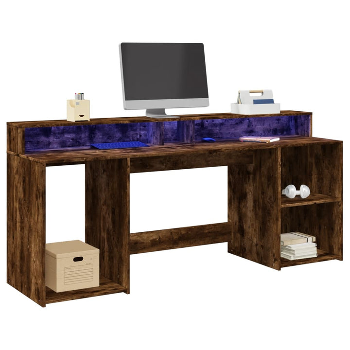 skrivebord med LED-lys 200x55x91 cm konstrueret træ røget eg