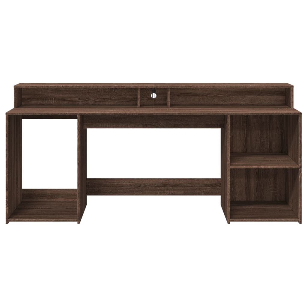 skrivebord med LED-lys 200x55x91 cm konstrueret træ brunt eg