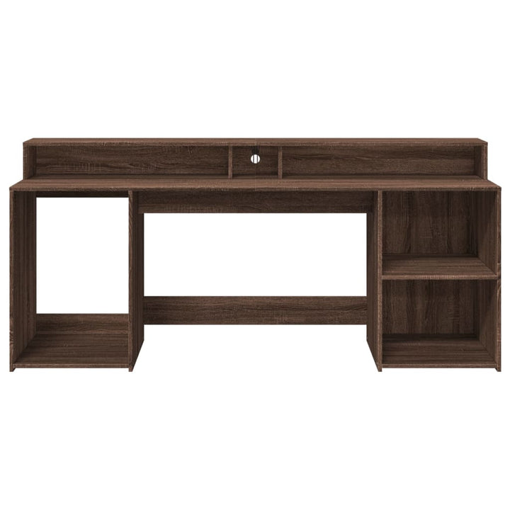 skrivebord med LED-lys 200x55x91 cm konstrueret træ brunt eg