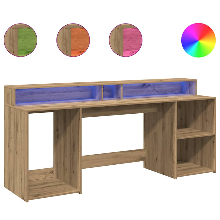 skrivebord med LED-lys 200x55x91 cm konstrueret træ gammelt eg