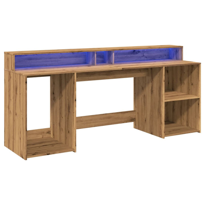 skrivebord med LED-lys 200x55x91 cm konstrueret træ gammelt eg