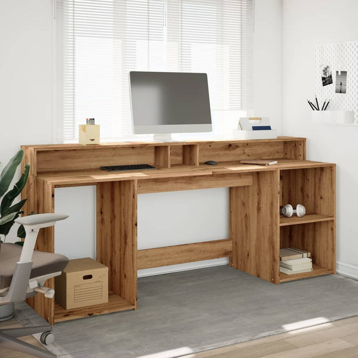 skrivebord med LED-lys 200x55x91 cm konstrueret træ gammelt eg