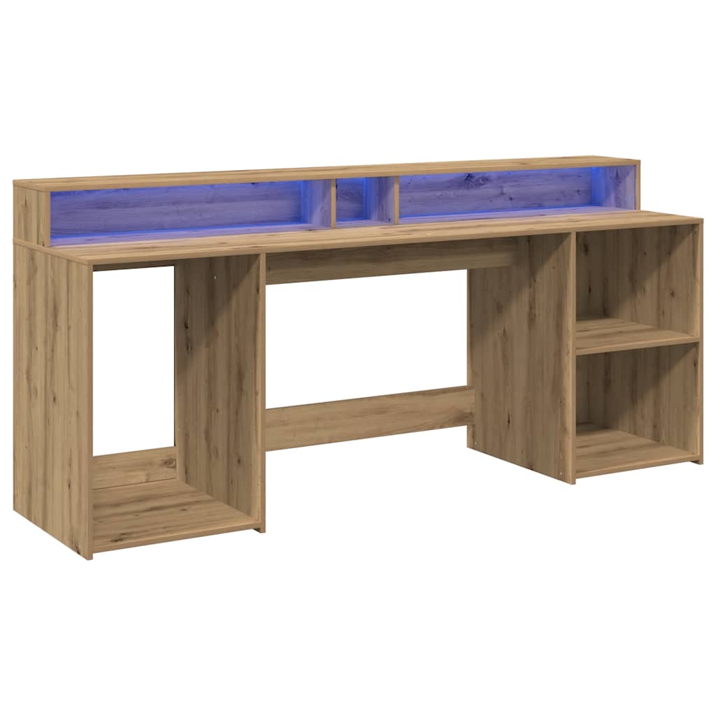 skrivebord med LED-lys 200x55x91 cm konstrueret træ gammelt eg