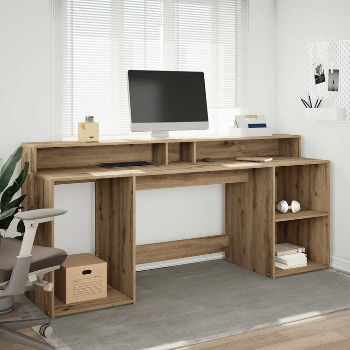 skrivebord med LED-lys 200x55x91 cm konstrueret træ gammelt eg