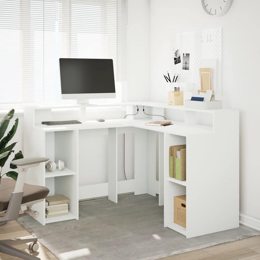 skrivebord med LED-lys 130x130x91 cm konstrueret træ hvid