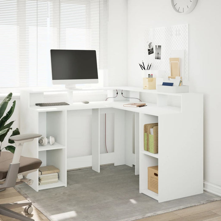 skrivebord med LED-lys 130x130x91 cm konstrueret træ hvid