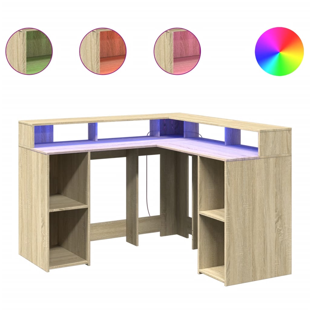 skrivebord med LED-lys 130x130x91 cm konstrueret træ sonoma-eg