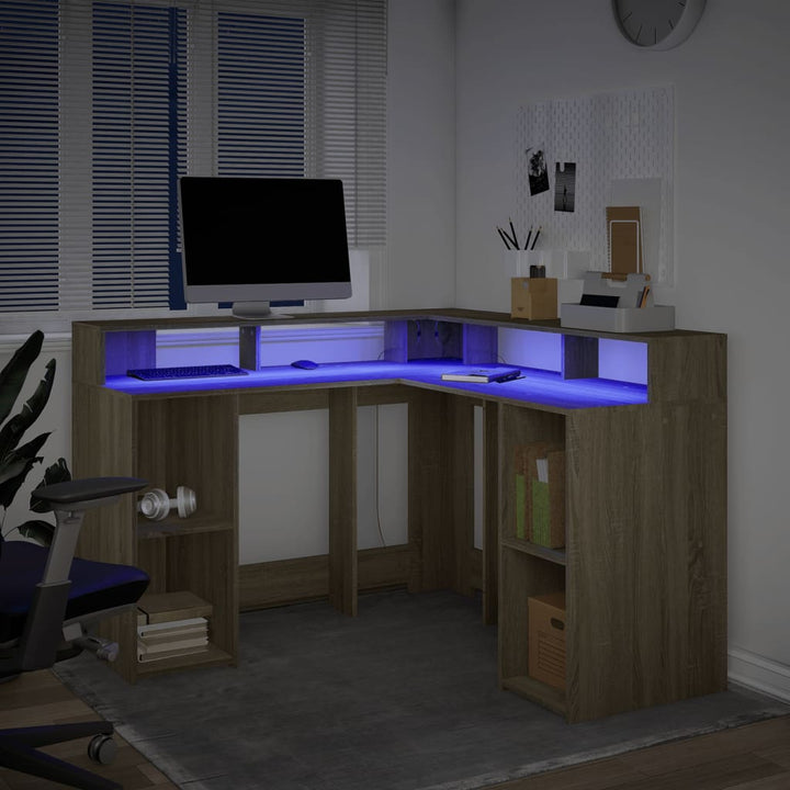 skrivebord med LED-lys 130x130x91 cm konstrueret træ sonoma-eg