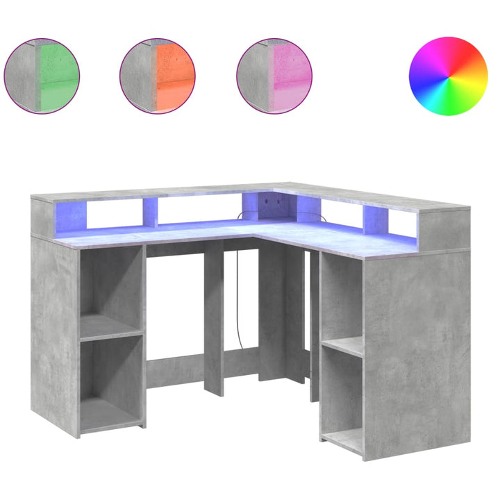 skrivebord med LED-lys 130x130x91 cm konstrueret træ betongrå