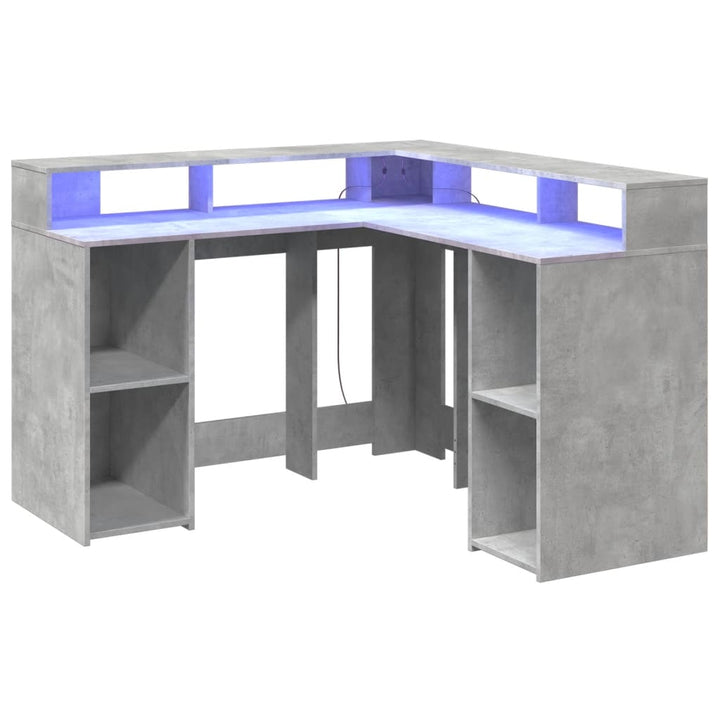 skrivebord med LED-lys 130x130x91 cm konstrueret træ betongrå