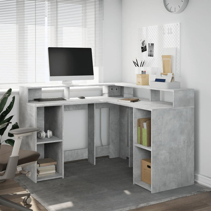 skrivebord med LED-lys 130x130x91 cm konstrueret træ betongrå