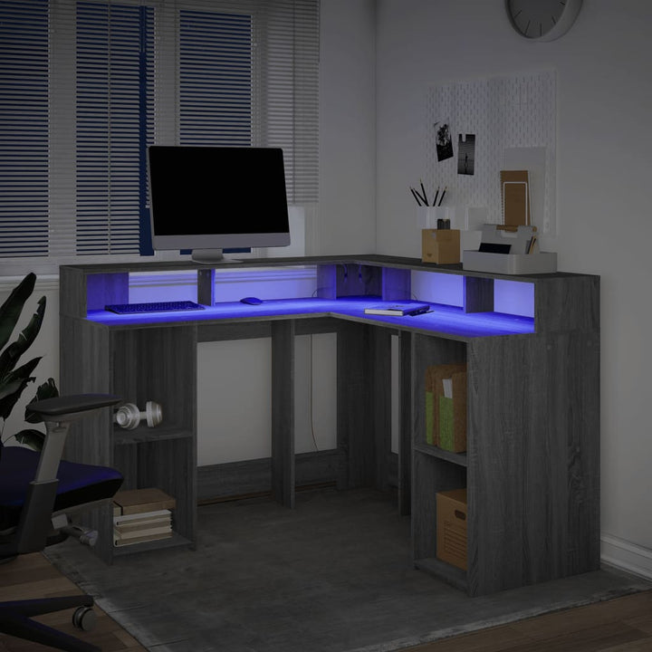 skrivebord m. LED-lys 130x130x91 cm konstrueret træ grå sonoma