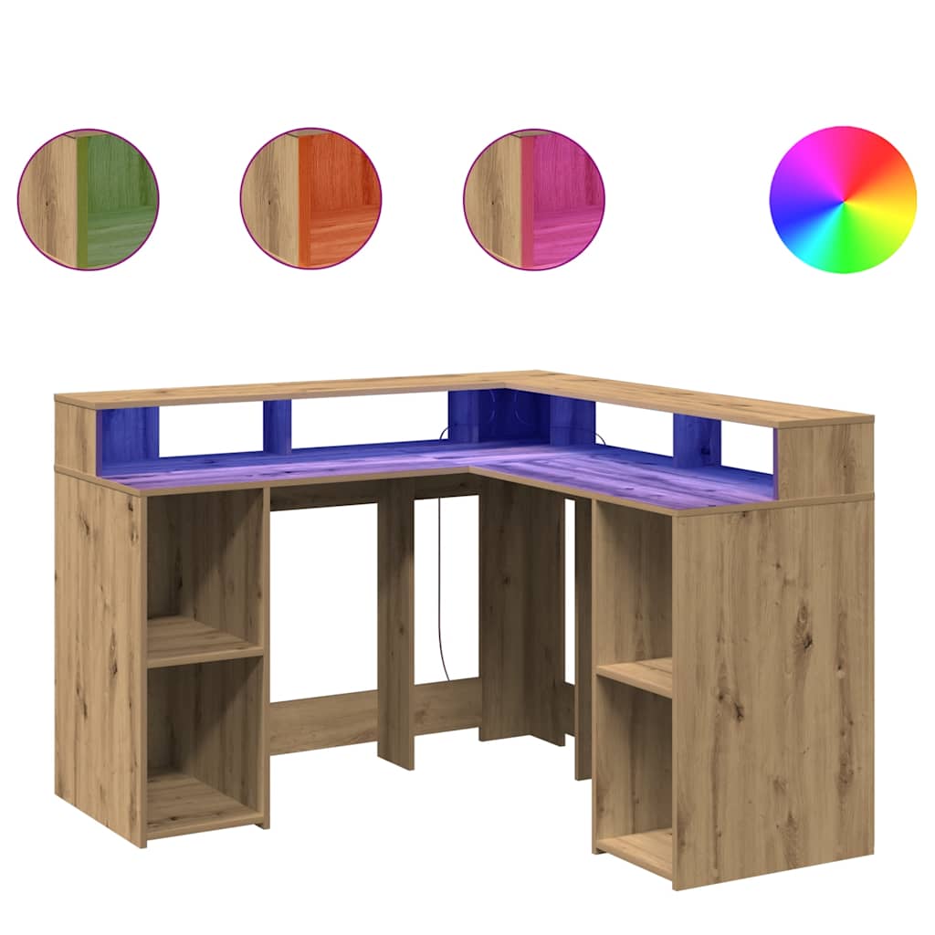 skrivebord med LED-lys 130x130x91 cm konstrueret træ gammelt eg