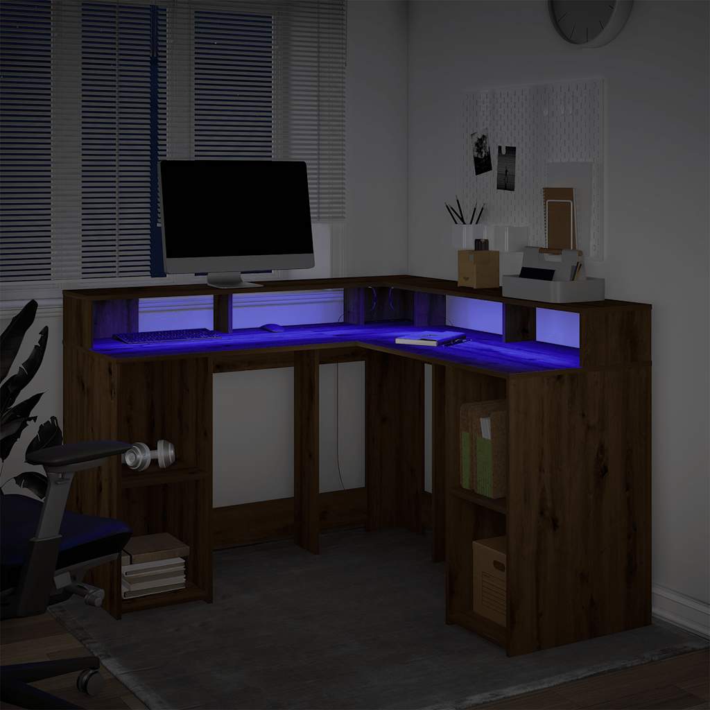 skrivebord med LED-lys 130x130x91 cm konstrueret træ gammelt eg