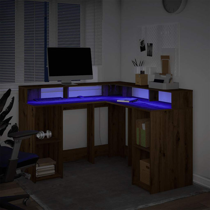 skrivebord med LED-lys 130x130x91 cm konstrueret træ gammelt eg