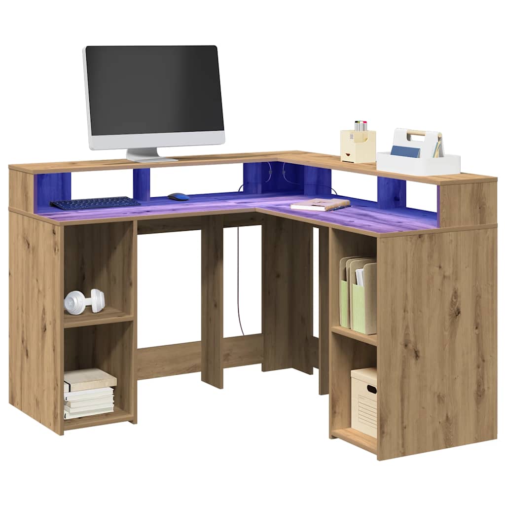 skrivebord med LED-lys 130x130x91 cm konstrueret træ gammelt eg