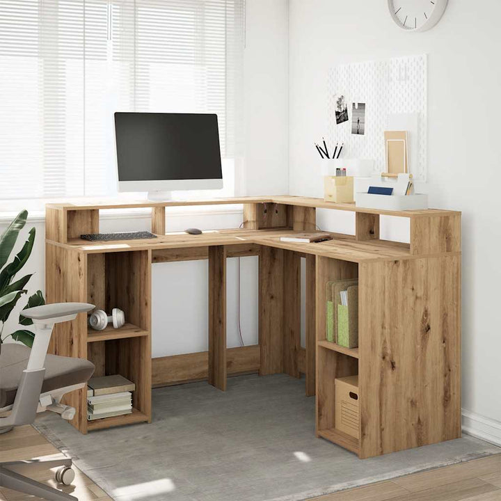 skrivebord med LED-lys 130x130x91 cm konstrueret træ gammelt eg