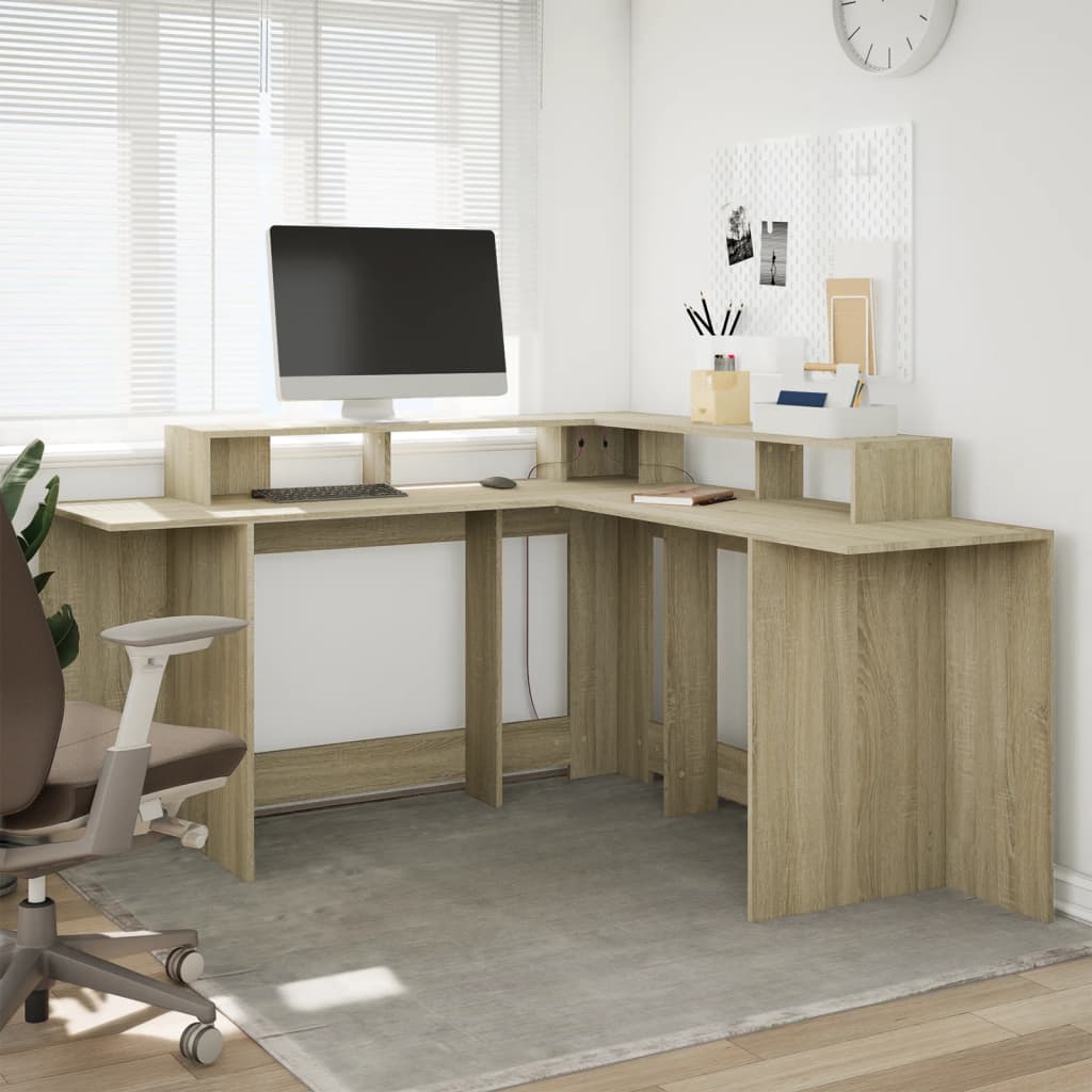 skrivebord med LED-lys 152x152x91 cm konstrueret træ sonoma-eg