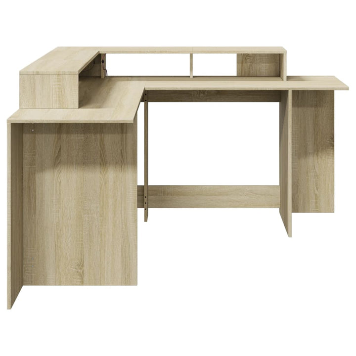 skrivebord med LED-lys 152x152x91 cm konstrueret træ sonoma-eg
