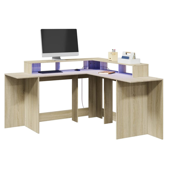 skrivebord med LED-lys 152x152x91 cm konstrueret træ sonoma-eg