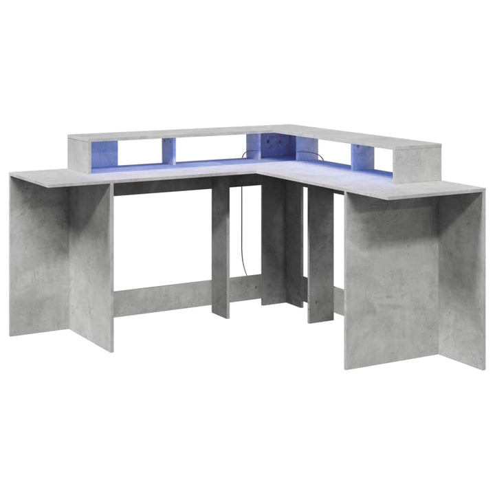 skrivebord med LED-lys 152x152x91 cm konstrueret træ betongrå