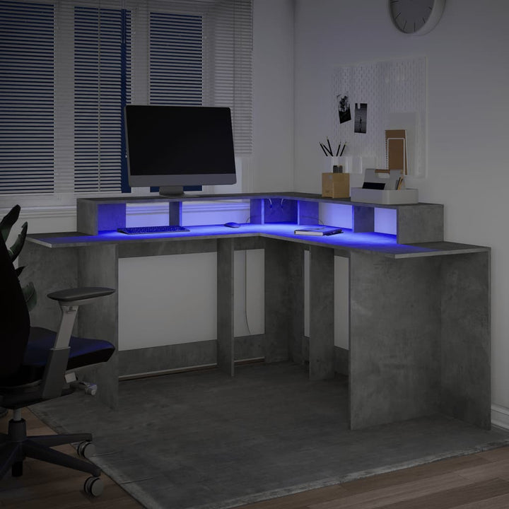 skrivebord med LED-lys 152x152x91 cm konstrueret træ betongrå