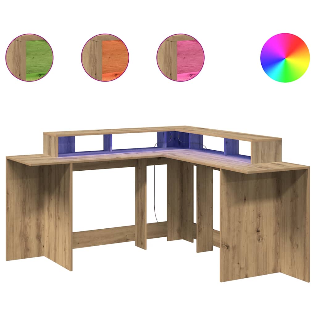 skrivebord med LED-lys 152x152x91 cm konstrueret træ gammelt eg