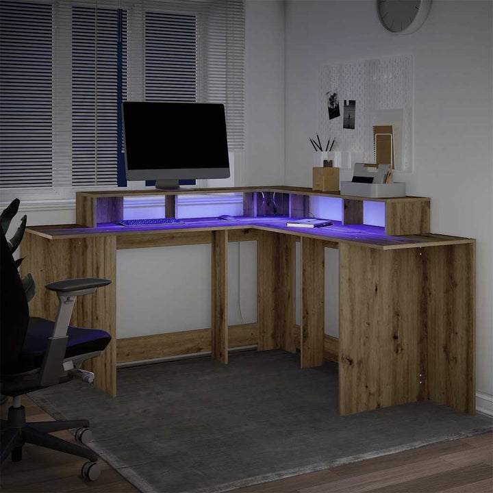 skrivebord med LED-lys 152x152x91 cm konstrueret træ gammelt eg