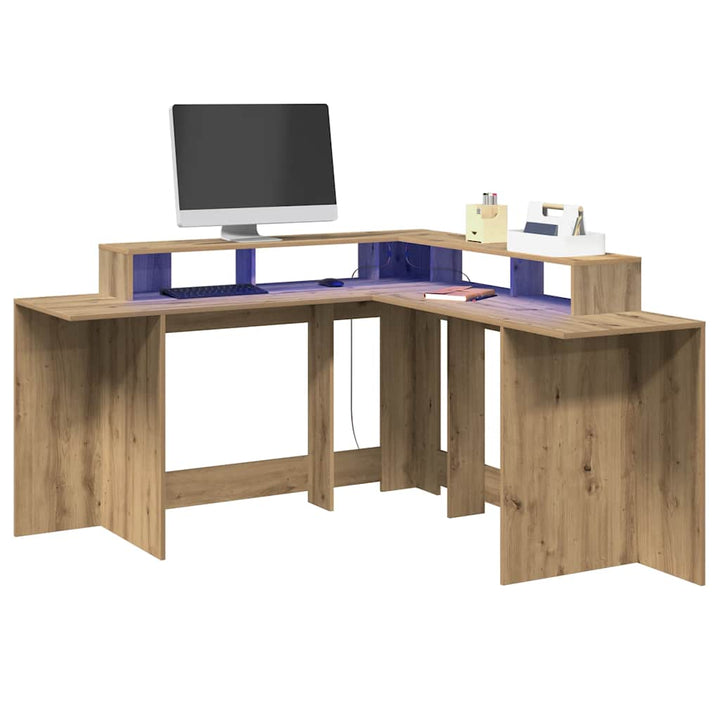 skrivebord med LED-lys 152x152x91 cm konstrueret træ gammelt eg