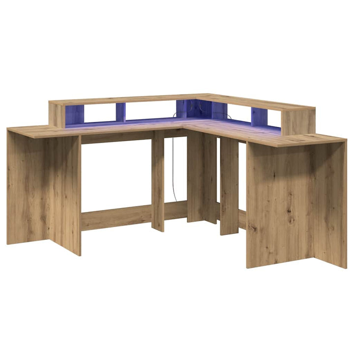 skrivebord med LED-lys 152x152x91 cm konstrueret træ gammelt eg