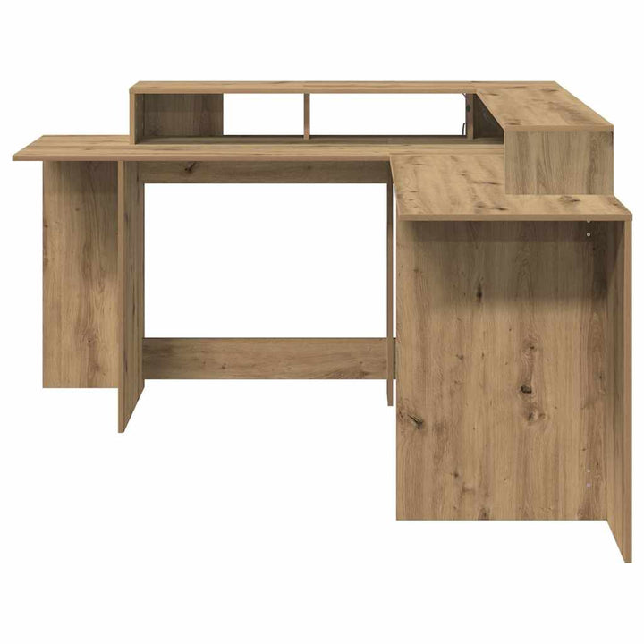 skrivebord med LED-lys 152x152x91 cm konstrueret træ gammelt eg