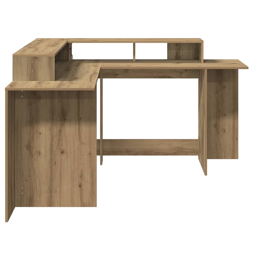 skrivebord med LED-lys 152x152x91 cm konstrueret træ gammelt eg