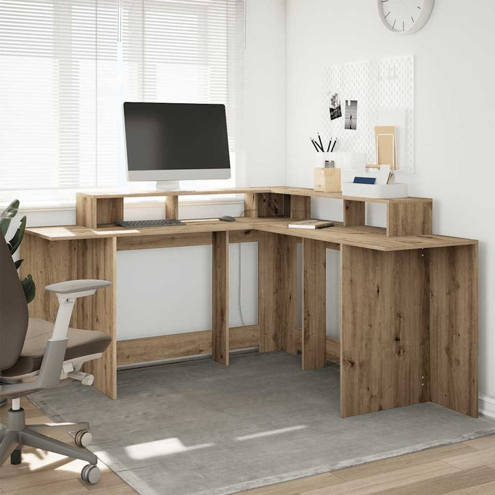 skrivebord med LED-lys 152x152x91 cm konstrueret træ gammelt eg