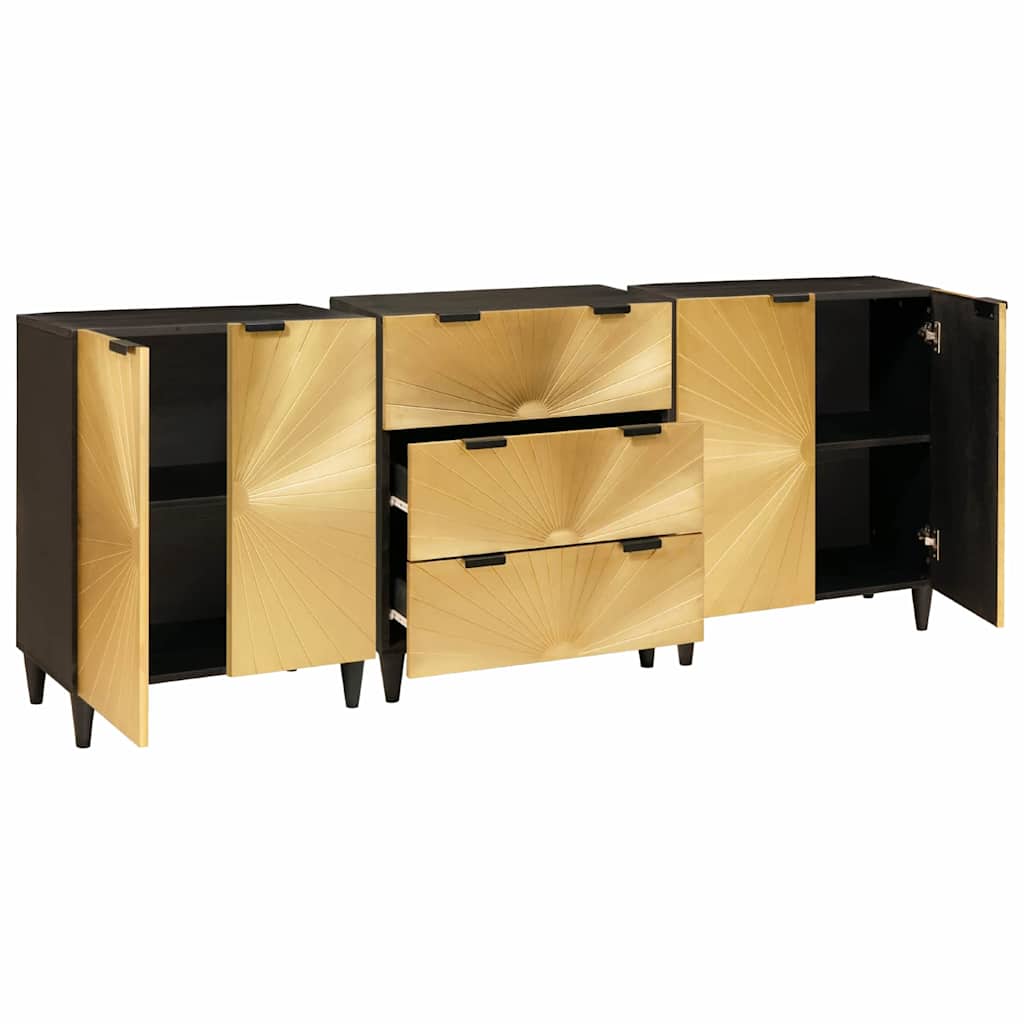Sideboard 3 pcs Sort og Guld 60 x 33 x 75 cm Massivt mangotræ