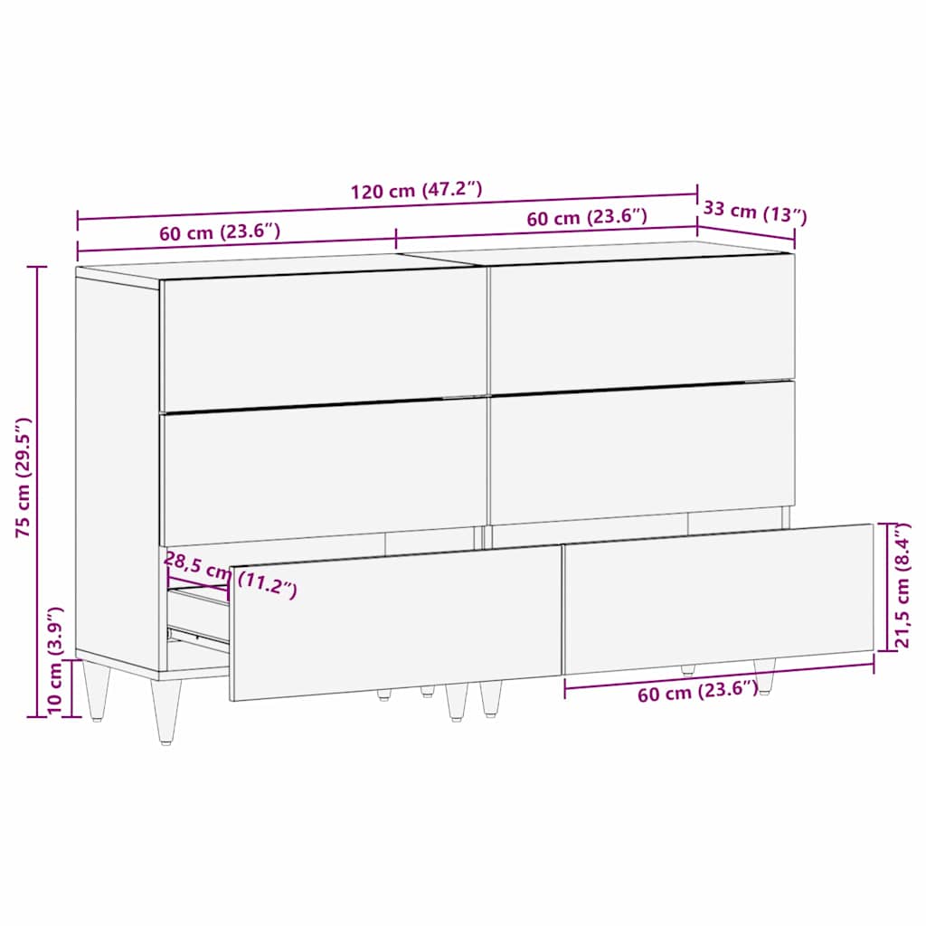 Sideboard 2 pcs Hvid 60 x 33 x 75 cm Massivt mangotræ