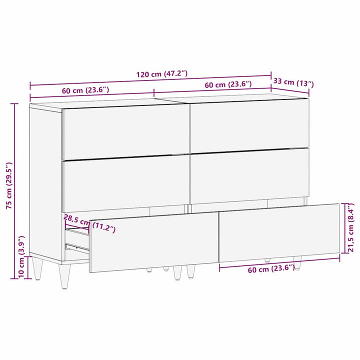 Sideboard 2 pcs Hvid 60 x 33 x 75 cm Massivt mangotræ