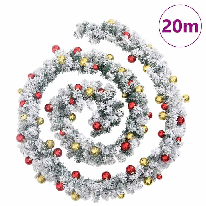 juleguirlande med kugler og LED-lys 20 m PVC grøn