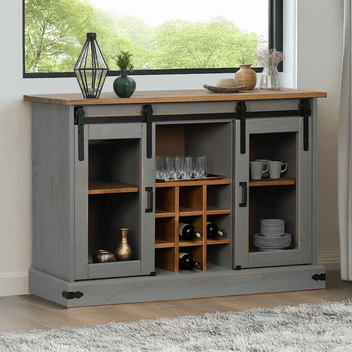 skænk HALDEN 2 skydedøre 112x40x80 cm massivt træ grå