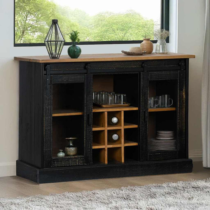 skænk HALDEN 2 skydedøre 112x40x80 cm massivt træ sort