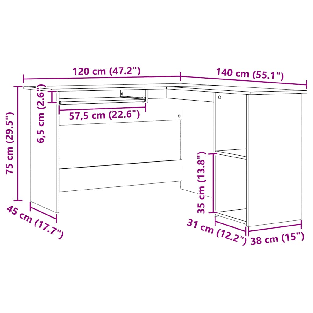 hjørneskrivebord 120x140x75 cm konstrueret træ artisan egetræ