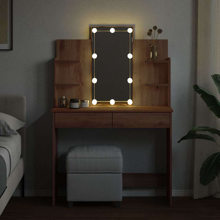 makeupbord med LED-lys 96x40x142 cm kunsteg