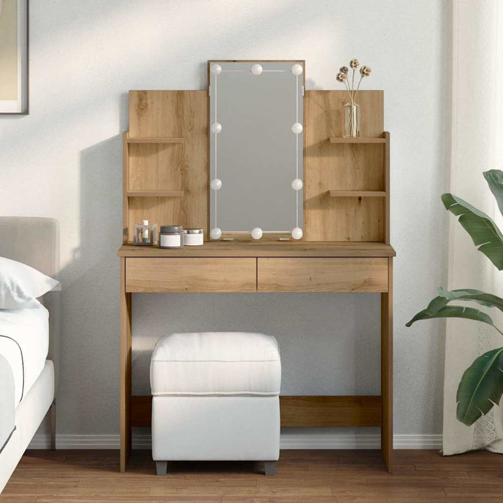 makeupbord med LED-lys 96x40x142 cm kunsteg