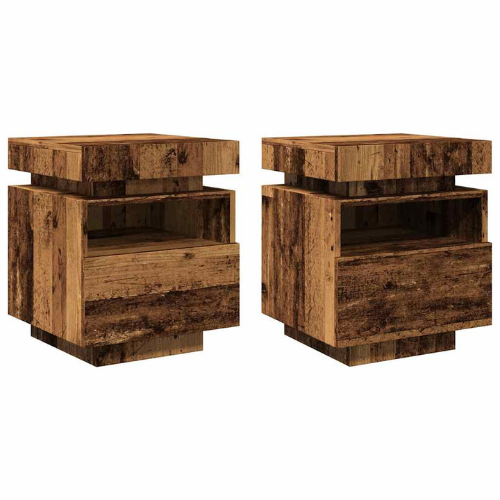 sengeborde 2 stk. med LED-lys 40x39x48,5 cm antikt træ